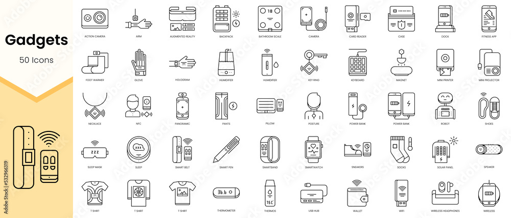 Simple Outline Set ofGadgets icons. Linear style icons pack. Vector illustration