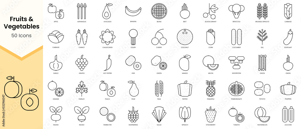 Simple Outline Set ofFruits & Vegetables icons. Linear style icons pack ...