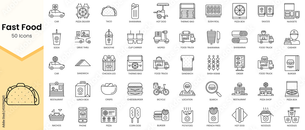Simple Outline Set ofFast Food icons. Linear style icons pack. Vector illustration