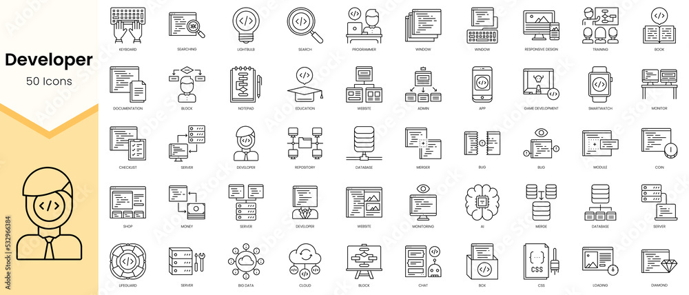 Simple Outline Set ofDeveloper icons. Linear style icons pack. Vector illustration