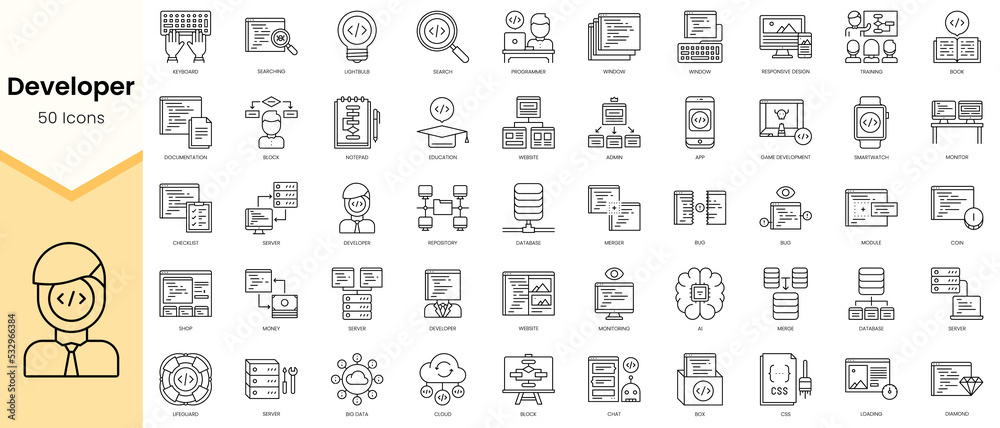 Simple Outline Set ofDeveloper icons. Linear style icons pack. Vector ...