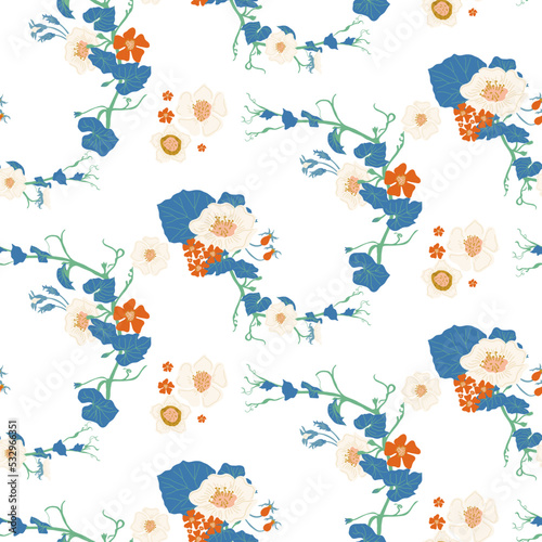 Fototapeta Naklejka Na Ścianę i Meble -  Vector Graceful Art Nouveau Flowers Bouquets of Convolvulus, Briar, Lotus, Lilac and Ranunculus