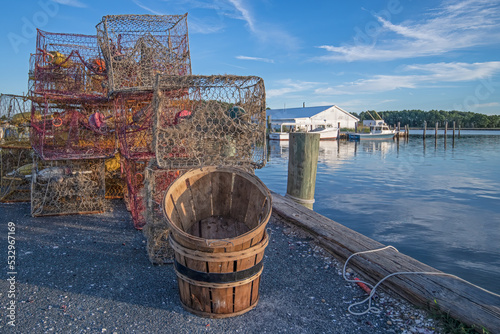 Crab pots and baskets along a Chesapeake Bay jetty. photo