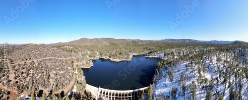 Aerial panorama of Upper Goldwater Lake outside of Prescott, Arizona