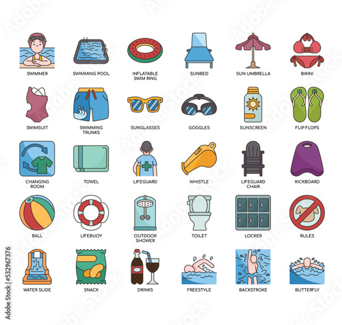 Set of Swimming pool thin line icons for any web and app project.