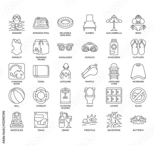 Set of Swimming pool thin line icons for any web and app project.