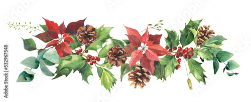 Watercolor Christmas composition of cones and plants