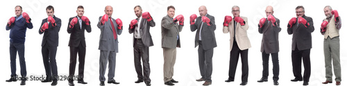collage of businessmen in boxing gloves isolated