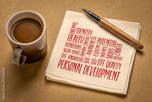 personal development word cloud on a napkin, flat lay with coffee, self improvement concept photo