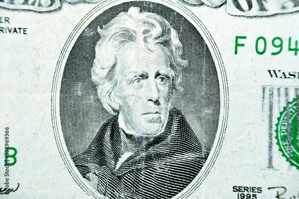 Portrait of president Andrew Jackson from the obverse side of an old 20 twenty dollars bill
