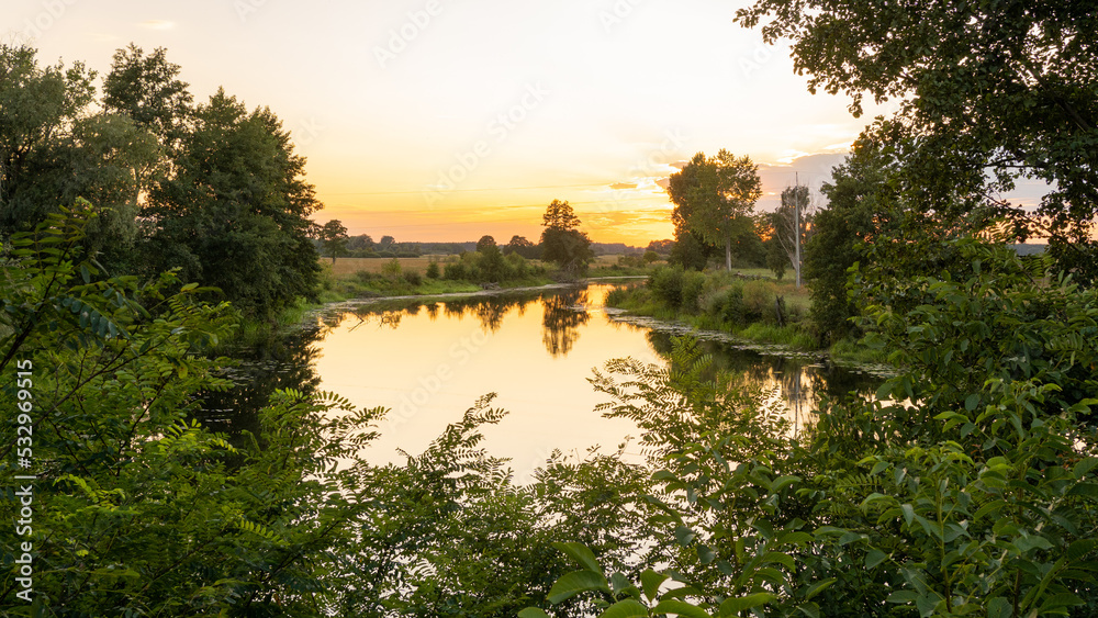 oxbow lake of Warta river at sunset, Wymysłów, Poland