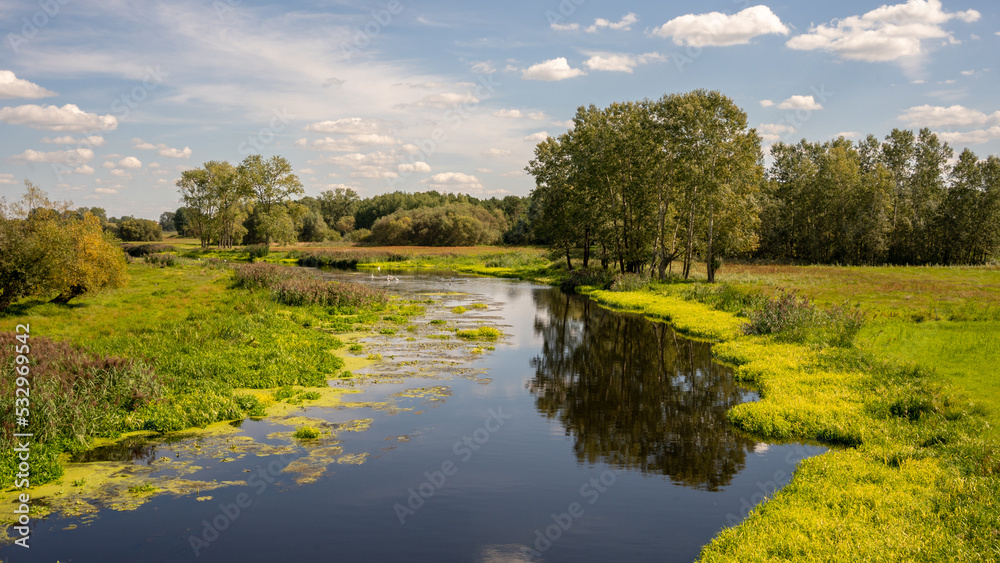 view from the bridge over the river Ner in the village of Rzuchów, Poland