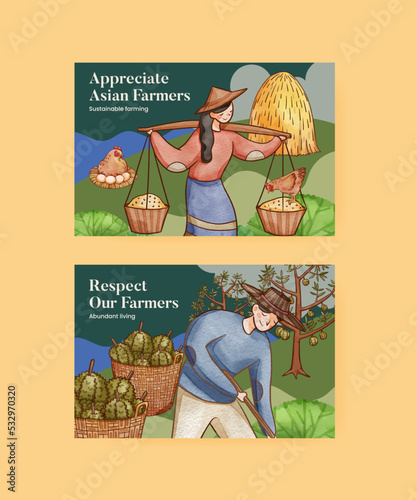 Facebook template with Asian farmer concept,watercolor style