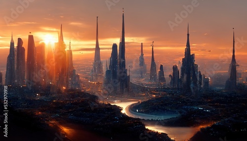 Abstract futuristic landscape with the city of the future. 3d render © DZMITRY