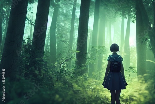 anime girl in the foreground walks through a futuristic forest. 3d render