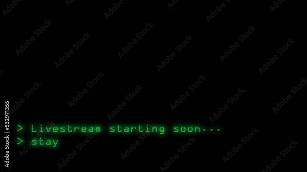 Computer retro style. Text Typing.
Livestream screen starting soon. Preloader. Connection breaking up with glitch effect.