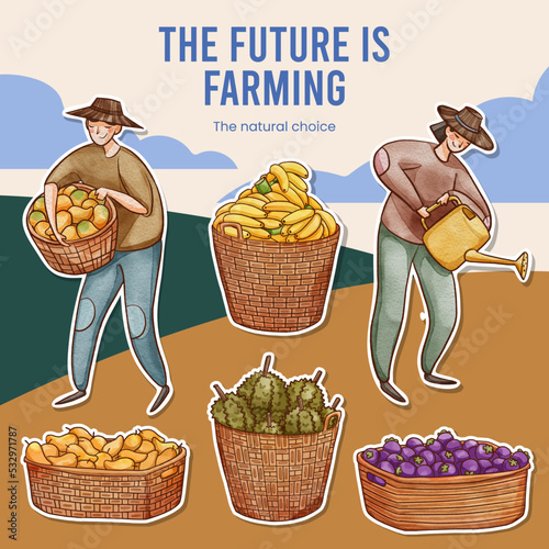 Sticker template with Asian farmer concept,watercolor style