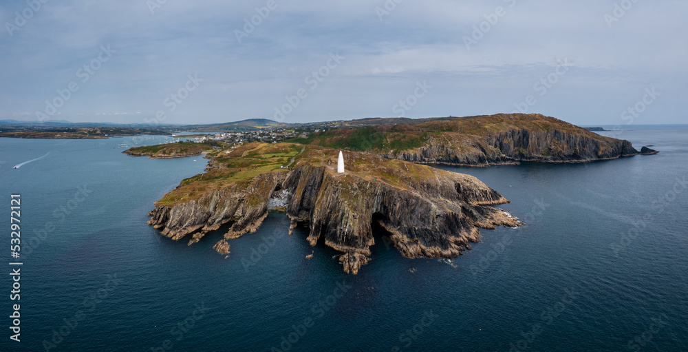 panorama landscape of the Baltimore Beacon and entrance to Baltimore Harbor in West Cork