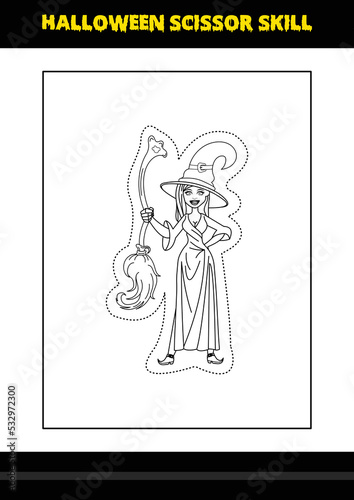 Halloween scissor skill for kids. Halloween scissor skill coloring page for kids.