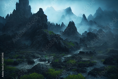 dark fantasy landscape with a castle and volcanic rock  created with generative ai