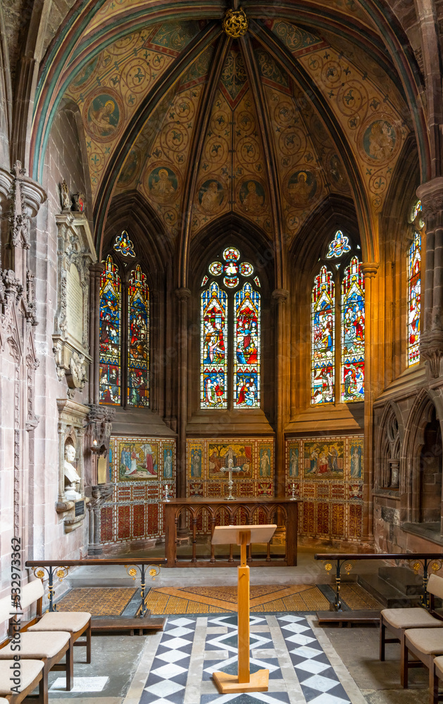 detail view of one of the side chapels inside the historic Chester Cathedral in Cheshire