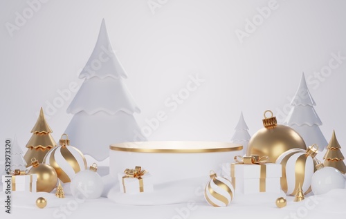 .3d rendering Merry Christmas Santa Claus with podium for product display on background color .