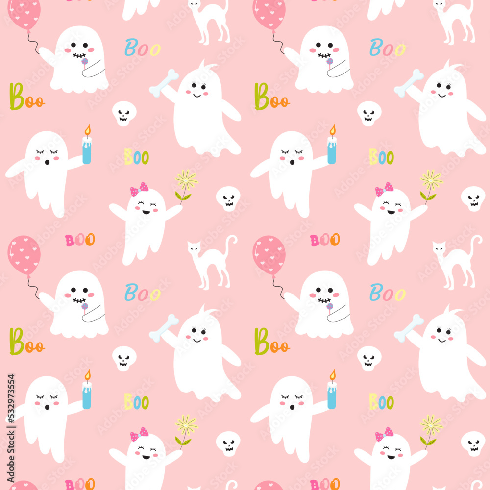 Seamless halloween pattern with cute pink ghosts, boo quote, white cat and skull. Pink childish print for wrapping and textile. Seamless halloween pattern with cute pink ghosts, boo quote, white cat and skull. Pink childish print for wrapping and textile.