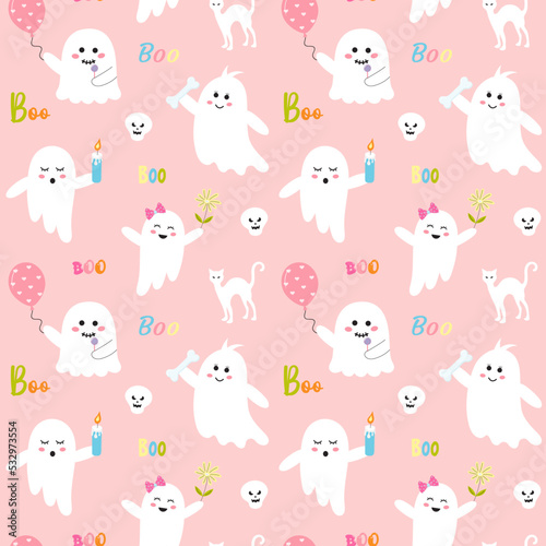Seamless halloween pattern with cute pink ghosts, boo quote, white cat and skull. Pink childish print for wrapping and textile.