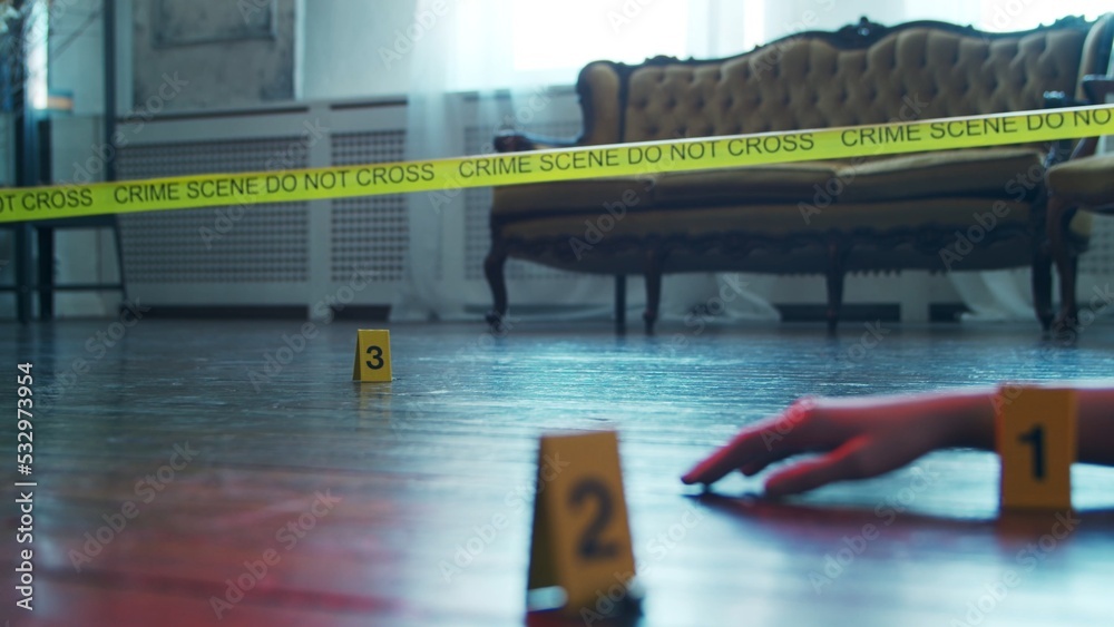 Closeup of a Crime Scene in a Deceased Person's Home. Dead man, Police Line, Clues and Evidence