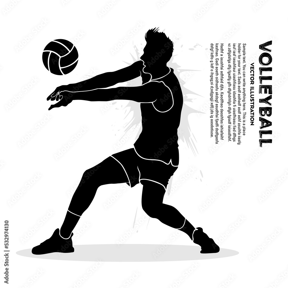 Black silhouette of male volleyball player isolated on white background