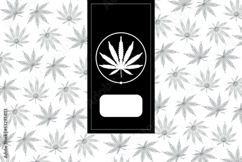 Vector. Diseño para packaging e imagen corporativa para negocios y productos derivados del cáñamo y cannabis. Logo silueta sobre fondo estampado de hojas de cannabis y cáñamo en blanco y negro.