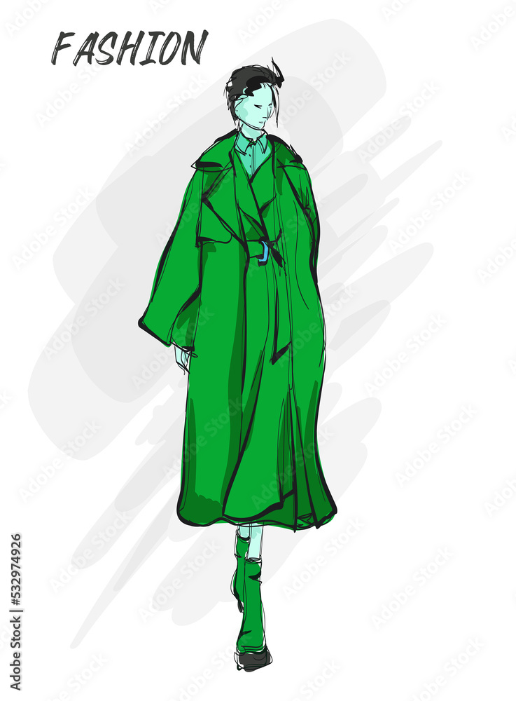 Young beautiful woman in autumn clothes. Sale concept. Hand-drawn fashion illustration