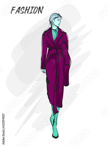 Young beautiful woman in autumn clothes. Sale concept. Hand-drawn fashion illustration