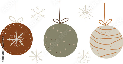 Christmas tree toys and snowflakes vector set, snowflakes modern illustration