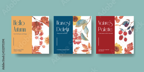Banner template with rustic fall foliage concept,watercolor style