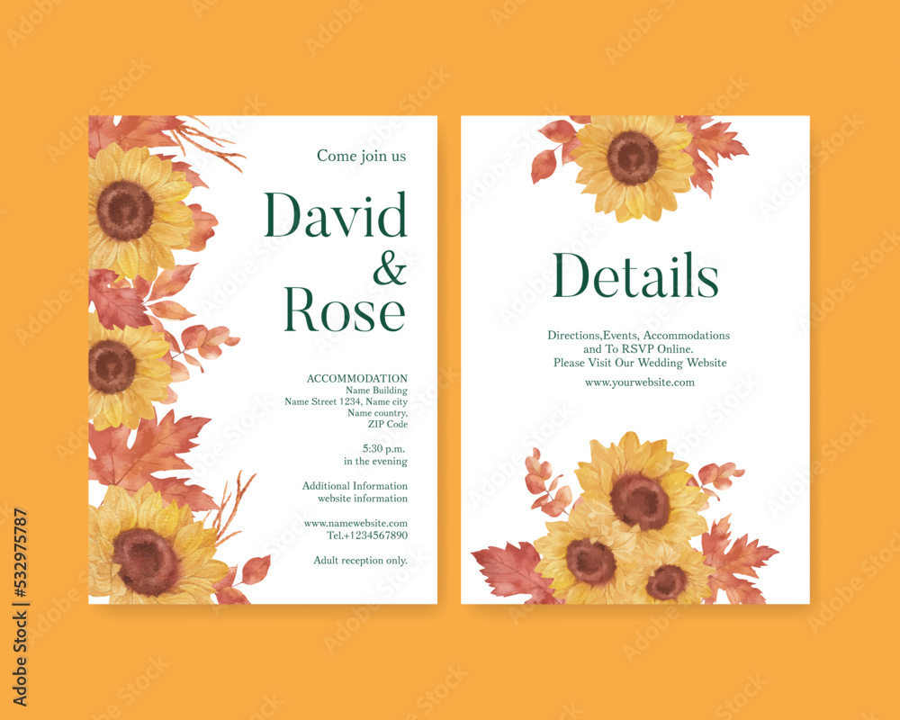 Fototapeta premium Wedding card template with rustic fall foliage concept,watercolor style