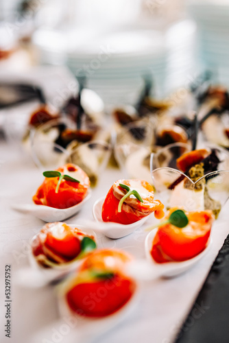 salmon appetizers served with white spoons,including smoke salmon rolls and cheese. buffet or catering. photo
