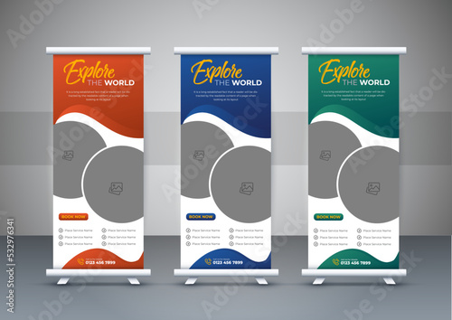 Travel and tour vacation roll up banner design or pull up banner template for business or travel with a place for photos and information. Editable vector illustration
