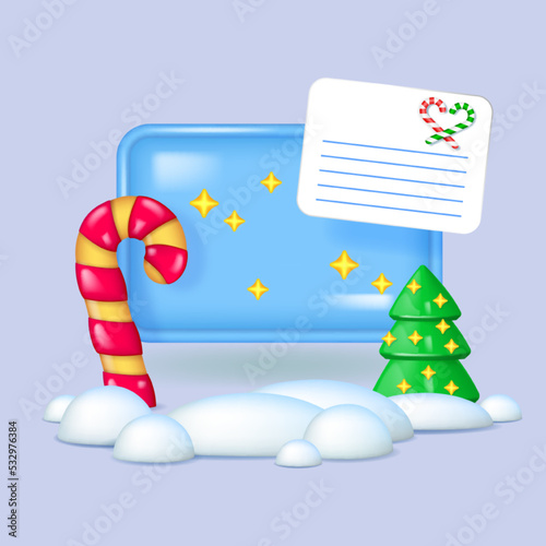 Christmas tree, striped candy cane and paper letter  on mobile phone screen