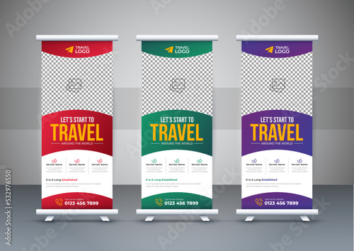 Travel vacation roll up banner design template for business or travel agency. Editable vector illustration