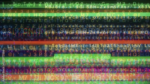 Organic colorful glitch noise with random text background 4k loop, Visual video effects stripes with code screen error backgrounds, overlay texture pattern photo