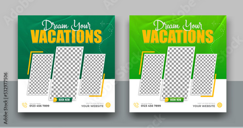 Travel agency social media post template design of summer beach, Set of web banner, poster for summer beach travel agency. promotion Banner.Editable illustration