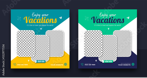 Traveling social media post banner template design, Web banner, flyer or poster for travelling agency business offer promotion. Editable illustration