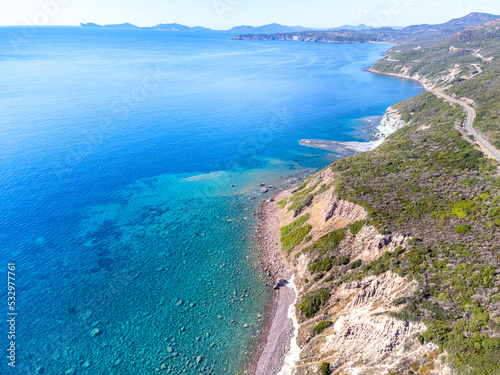 Aerial view of turquoise water by the shore in Sardinia