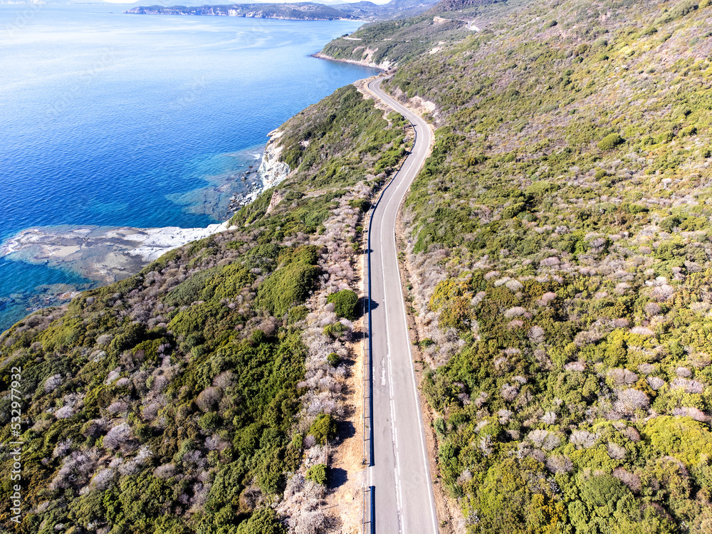 Aerial view of Alghero - Bosa coastal road in Sardinia