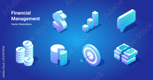 Financial Management, Fin tech, Money Marketing Funds Isometric Icon for banner background design concept. metaverse elements with gradient. Creative Vector illustration