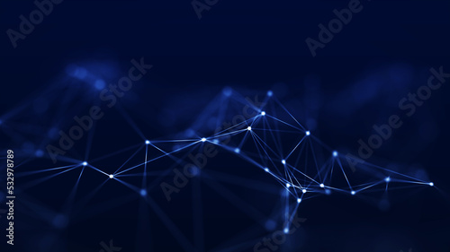 Connection concepts The Internet network comes from a polygonal connection using dots and lines, consisting of a dark blue background with space above it.