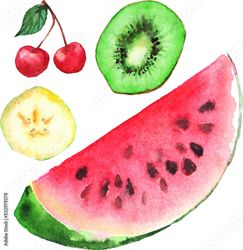 Watercolor banana kiwi cherry watermelon berry fruit set isolated