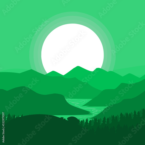 Nature vector background  landscape with mountains and sun. Panorama of mountains  wilderness  sands  valley on sunset or sunrise.