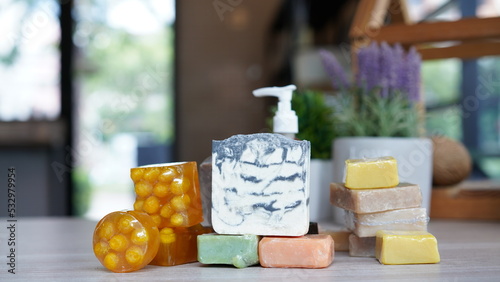Natural handmade soap on green grass as nature. Salt soap healthy skin cleaning. Bath soap for body and face. Hygiene product.